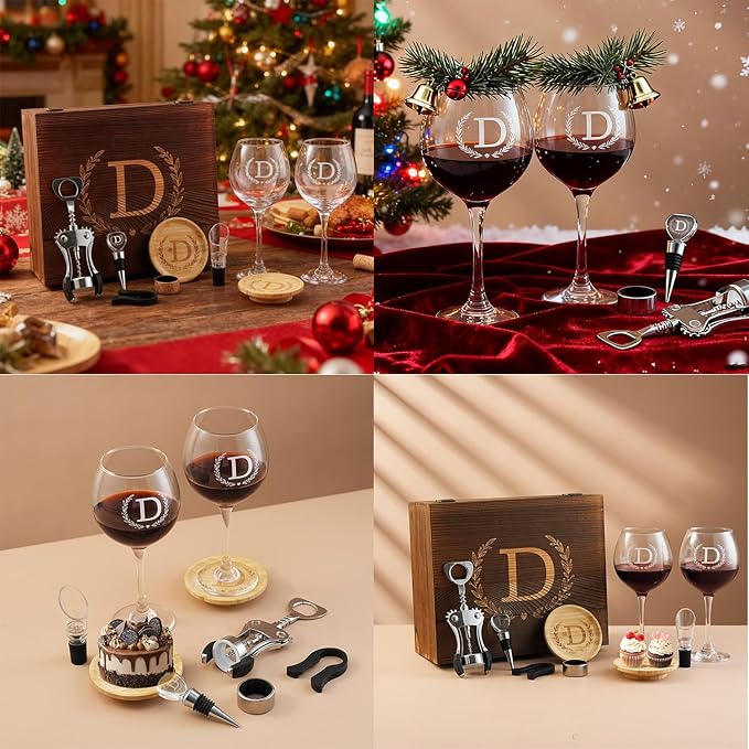 GZLDGIFTS Personalized Initial Wine Glasses Box Gift Set For Women Mom Engraved Birthday Monogrammed Wooden Christmas Gifts Wedding Anniversary Wine Couples Stopper Opener Initial Letterr (L Set)