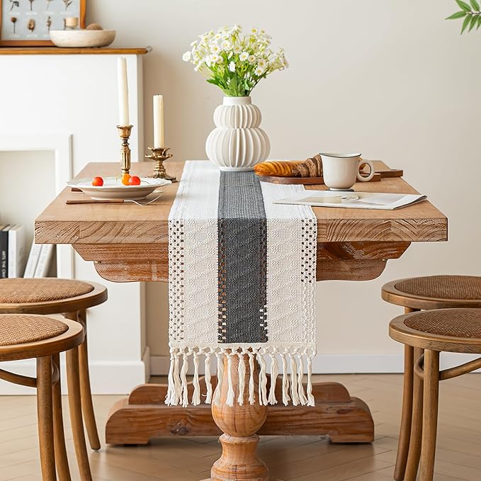 FEXIA Boho Table Runner for Home Decor with Tassels 48 Inches Long,Grey Farmhouse Rustic Table Runner Macrame Burlap Table Decoration for Living Room Bridal Shower(12x48 Inches)