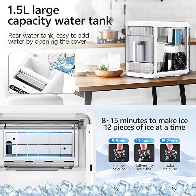 Clear Ice Maker, Makes 12 Ice Cubes in 10 Mins, Portable Self-Cleaning Countertop Ice Maker, Suitable for Whiskey, Vodka, Cocktails, Beer, Juice, Drinks and More