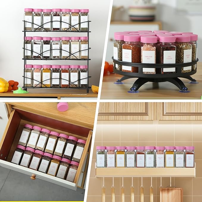 Pink Spice Jars with Label，4oz Seasoning Containers, Glass Spice Bottles with Shaker Lids,Funnel, Chalk Pen (Pink, 48)
