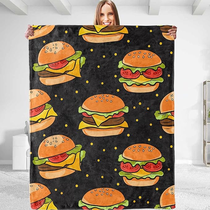 Funny Hamburger Theme Plush Throw Blanket - Soft, Comfy, Lightweight, Warm, and Fuzzy - Ideal Gift for Men and Boys - Perfect for Couch, Bedroom, Travel, Bed - 50x40 inches