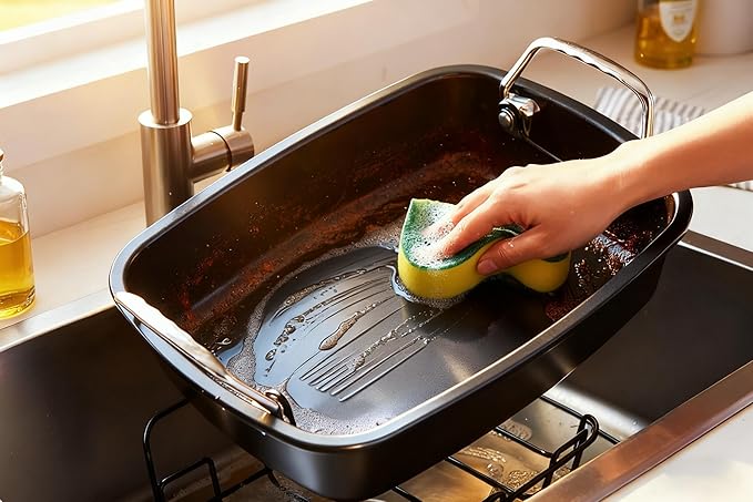 Large Nonstick Roasting Pan with Rack (17x13 Inch) -Turkey Roasting Pan with Wider Handles, Heavy Duty Construction Roaster - Easy Clean for Oven