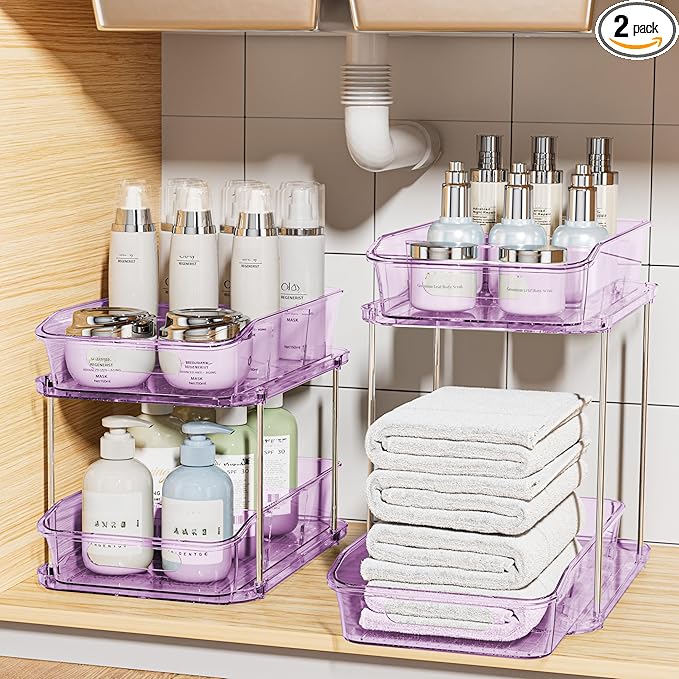 Delamu 2-Tier Under Sink Organizers and Storage, Multi-Purpose Stackable Bathroom Cabinet organizers, Pull Out Kitchen Pantry Organization and Storage with Dividers(2 Pack, Purple)