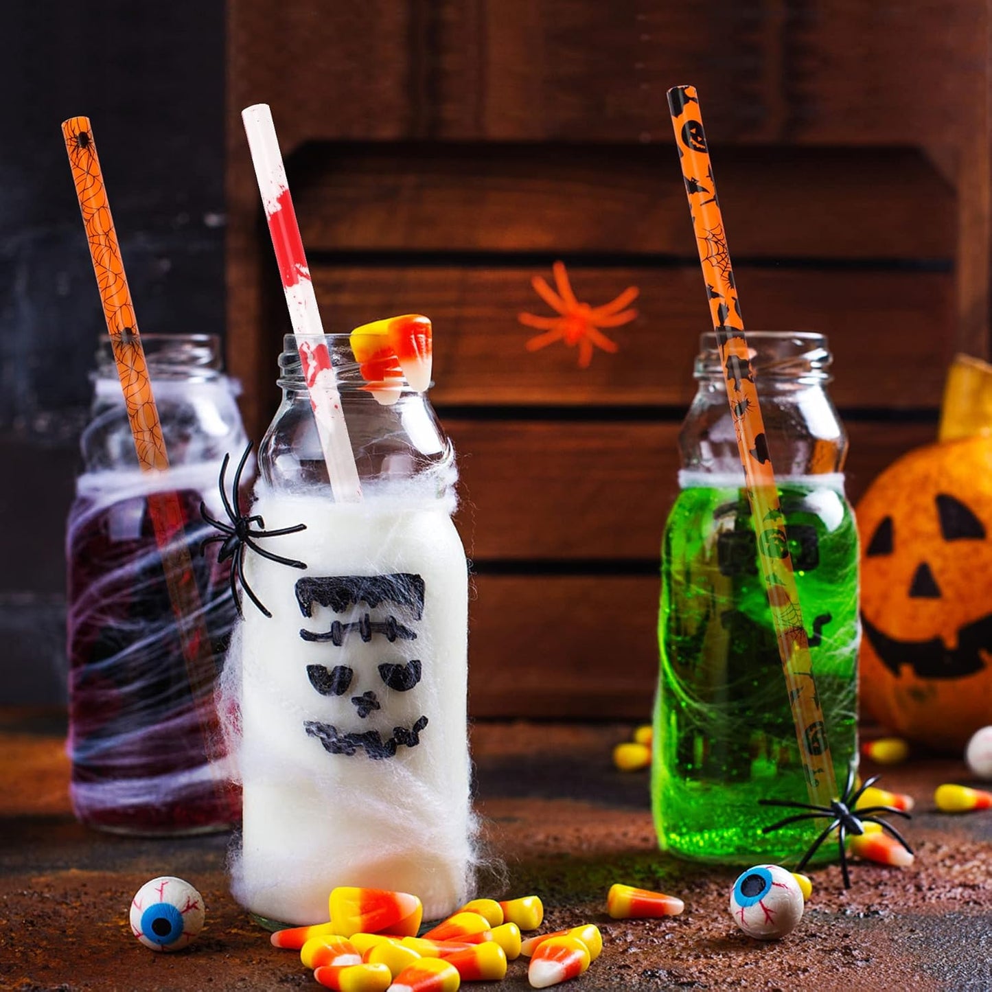 JANYUN 30 Pcs Halloween Reusable Straws 9inch Pumpkin Bat Skeleton Spider Printing Hard Plastic Drinking Straw for Mason Jar Tumbler Family Party Favors Cleaning Brush