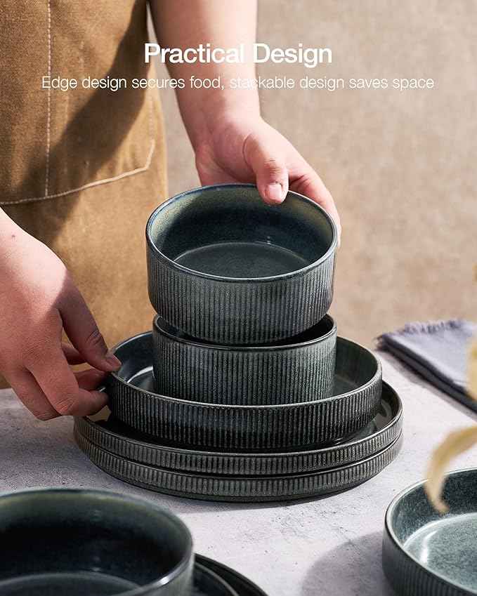Famiware Star Stoneware Dinnerware Sets for 4 (16pcs), Chip and Scratch Resistant, Microwave & Dishwasher Safe Complete Dishes, Pasta Bowl, Cereal Bowl, Dinner Plate, Salad Plate, Ribbed, Deep Forest