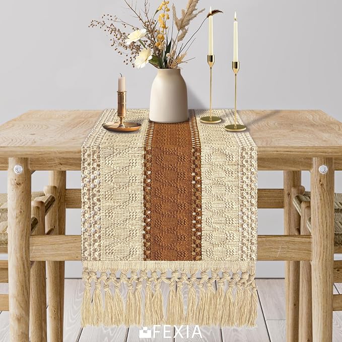 FEXIA Boho Table Runner 72 Inches Long Thanksgiving Decor Macrame Table Runner Farmhouse Style with Tassels for Party Bohemian Rustic Wedding Bridal Shower Dining Decor Middle Brown (12x72 Inches)
