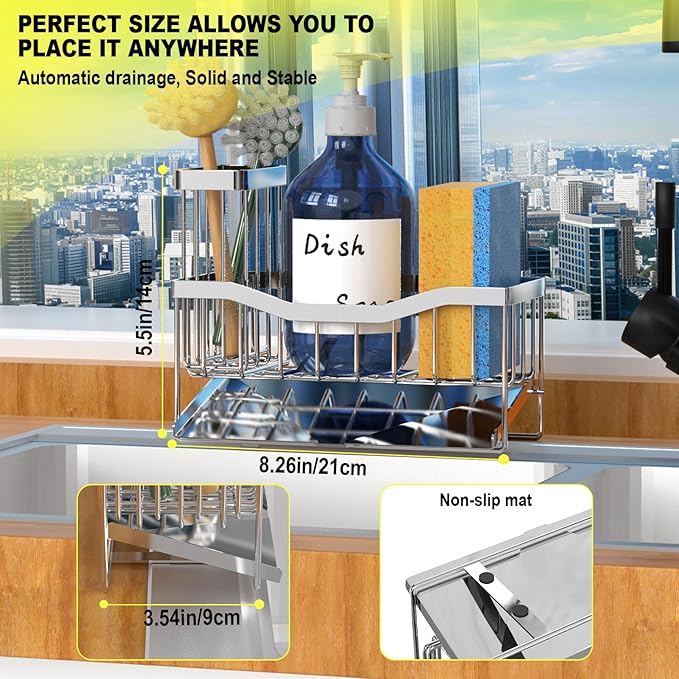 Maifan Sink Caddy Sponge Holder for Kitchen with Brush Holder and Stainless Steel Self Drain Tray, Rustproof Kitchen Sink Organizer for Sponge, Soap Dispenser Storage Accessories