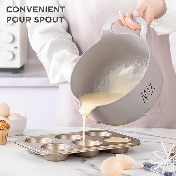 Rae Dunn Non-Slip Mixing Bowls - 4 Piece Nesting Plastic Mixing Bowl Set with Pour Spouts and Handles-Measurement Markings (Grey)