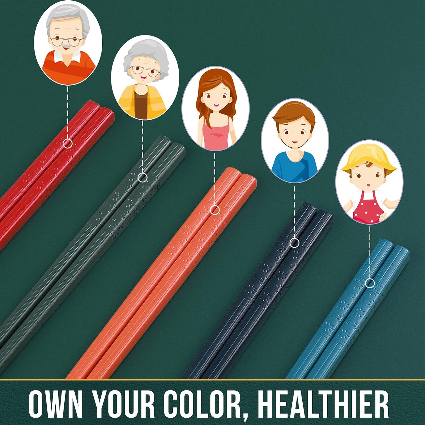 Chopsticks, GLAMFIELDS 5 Pairs Premium Reusable Multicolour Chopsticks for Sushi Japanese Matte Anti-slip Chop Sticks with Gift Case Lightweight Dishwasher Safe, 9.6 Inch
