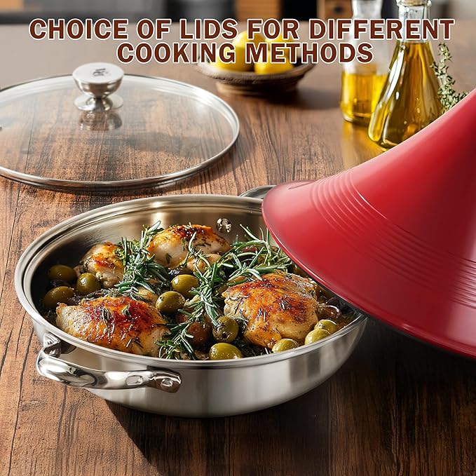 DM Tagine Pot, 11 Inch 3.6 Quart Moroccan Clay Tagine Pot Alternative, Multi-Ply Clad Stainless Steel, Traditional Cooking Pot with Die-Cast Aluminum Red Conical Lid and Stainless Steel Knob