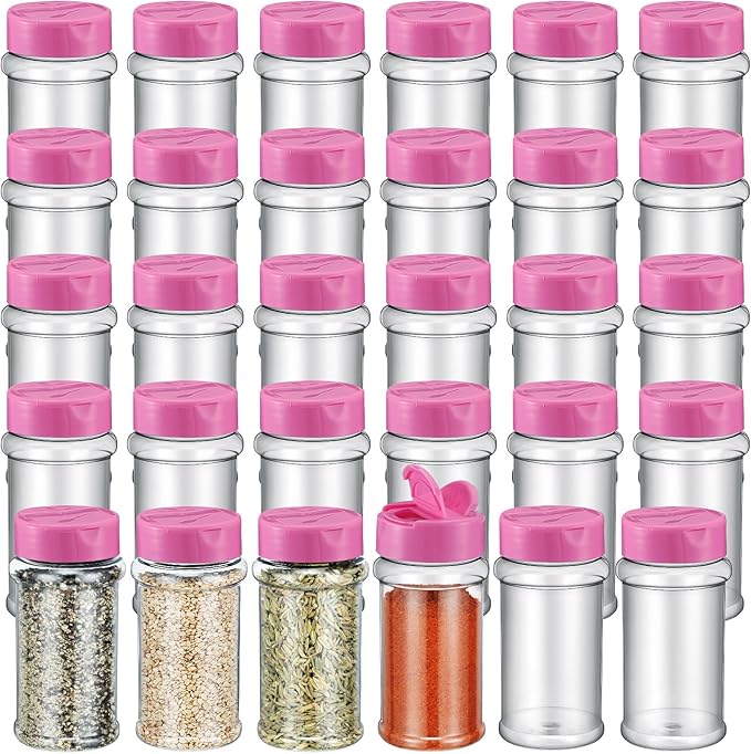 Jadive 36 Pcs 5.5 oz Plastic Spice Jars with Shaker Lids Clear Spice Bottles Plastic Seasoning Containers Empty Shaker for Kitchen Storing Herbs Seasoning Powders Pepper Dry Goods (Pink)