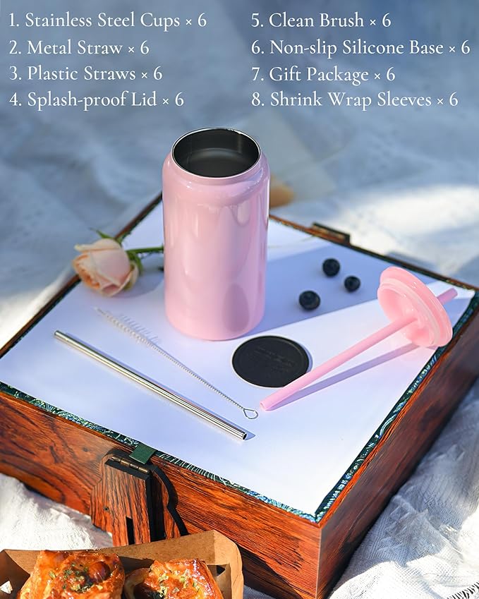 6 Pack Glass Cups With Lids and Straws, 16oz Stainless Steel Cup for Beer, Iced Coffee, Smoothie, Whiskey, Soda, Tea, Water - Sublimation With Coaster