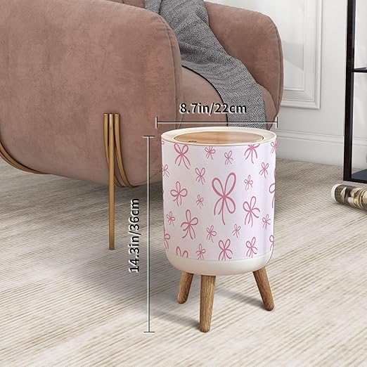 Trash Can with Lid Seamless Pink Ribbon Bow Press Top Round Small Garbage Bin with Wooden Legs Waste Basket for Kitchen Bedroom Nursery 7L/1.8 Gallon