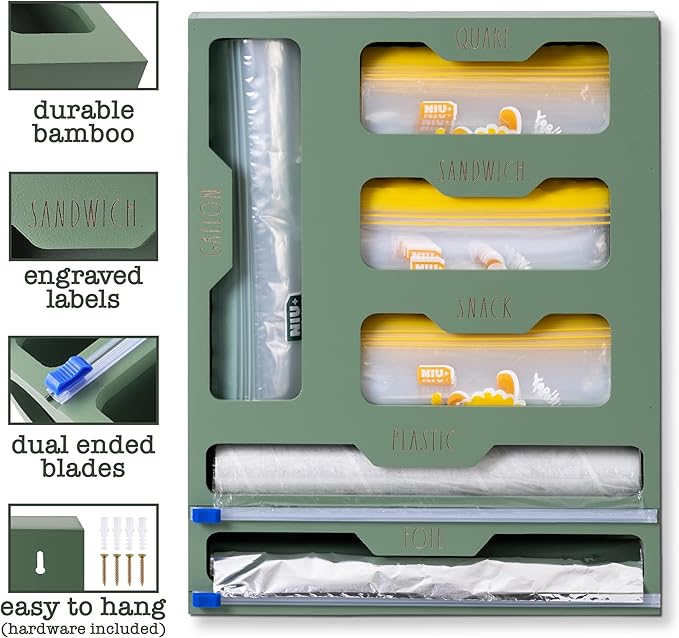 Rae Dunn Bamboo Bag Organizer for Kitchen Drawer - Durable Wood Organizer for Kitchen Storage - Holds Gallon, Quart, Snack, Sandwich Size Baggies, Plastic Wrap and Foil