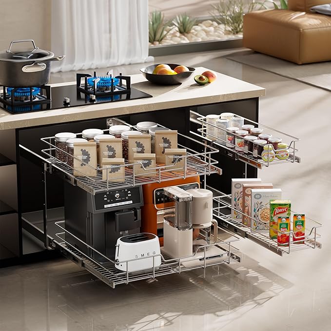 2 Tier Pull Out Cabinet Organizer 15" W X 17" D, Slide Out Drawers for Kitchen Cabinets, Pull Out Drawers for Cabinets Capacity Heavy Duty Caddy, Cabinet Pullout Shelves Chrome-Plated,Bathroom Pantry