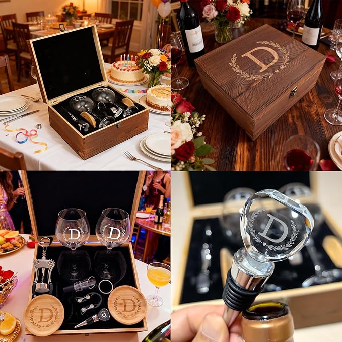 GZLDGIFTS Personalized Initial Wine Glasses Box Gift Set For Women Mom Engraved Birthday Monogrammed Wooden Christmas Gifts Wedding Anniversary Wine Couples Stopper Opener Initial Letterr (L Set)