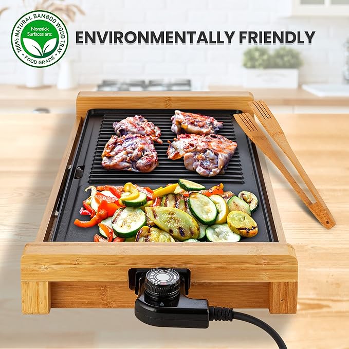 NutriChef Household Smokeless Indoor Grill, Nonstick Electric Grill, Detachable Bamboo, Tempaerature Control, Adjustable Temperature Knob, For Indoor BBQs with no smoke (Black)