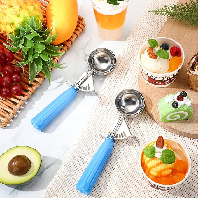 Reallnaive 2 Pcs Release Cookie Scoops Ice Cream Scooper with Trigger Release Portion Scoop Stainless Steel for Portion Control, Baking Food, Cookie Dough (4 oz,Blue)