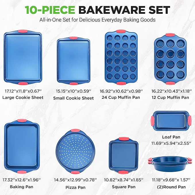 NutriChef 10-Piece Nonstick Bakeware Set - Deluxe Carbon Steel with Blue Silicone Coating, Red Handles, Professional Grade Kitchen Essentials, Ideal for Baking Cakes, Cookies, and More (Blue)