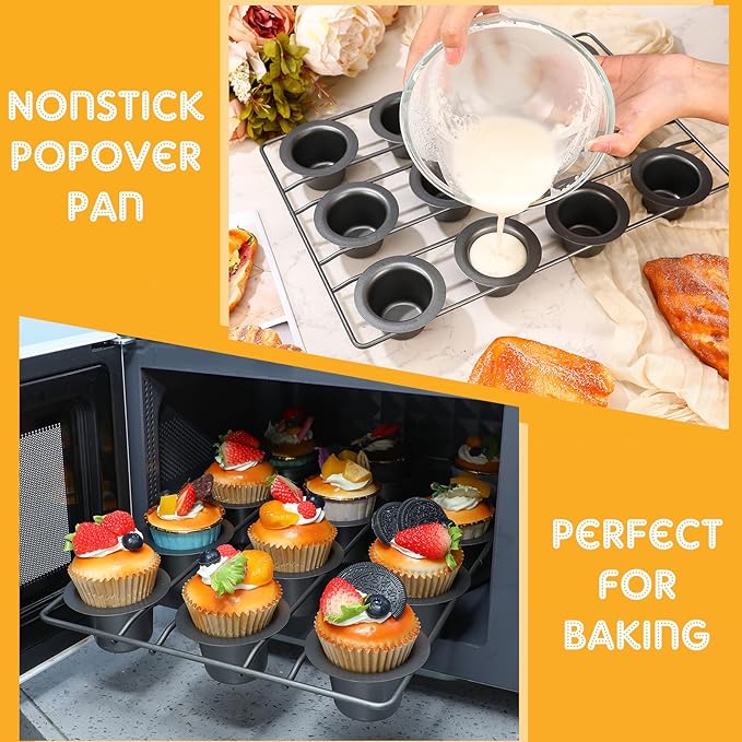 Shellwei 2 Pcs 12 Cups Non Stick Popover Pan Muffin Pan Mini Cupcake Pan for Oven Baking, Carbon Steel(Gray)
