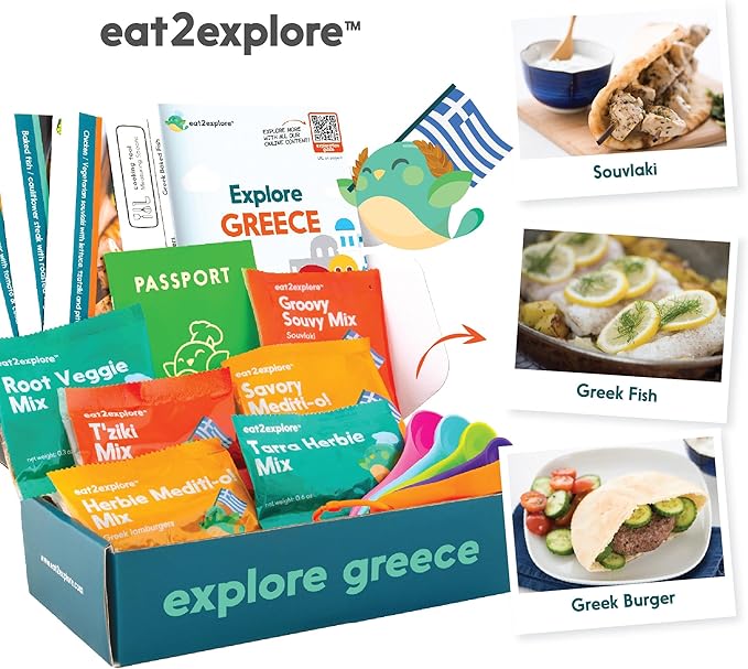 eat2explore Cooking Kits for Kids 15 Pcs – Interactive & Educational Kids Cooking Sets Real for Ages 5 and Up,3 Recipe Cards & Global Ingredients – Perfect for Families and Homeschooling (Greece)