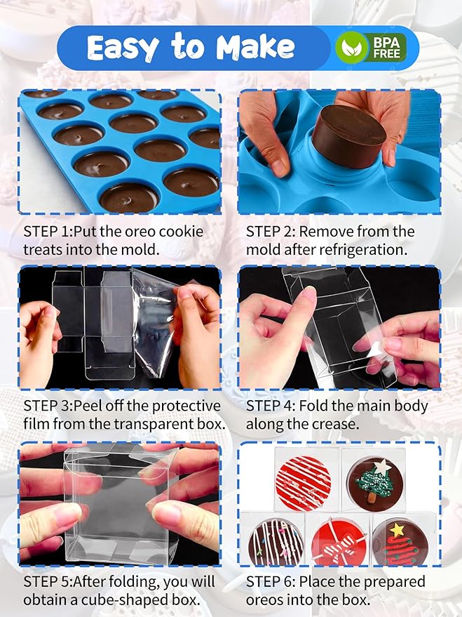 3 Pcs Round Chocolate Cookie Molds Set ,12-Cavity Round Silicone Mold with 30 Clear Treat Boxes, Round Baking Mold for Oreos,Candy, Mini Cake, Individually Wrapped Cakesicle Party Favor Packaging