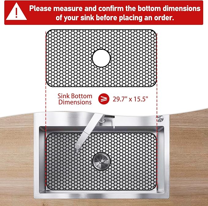 Bestjing Silicone Sink Protectors for Kitchen Sink with Center Drain - 29.7"x 15.5" Kitchen Protector Accessory, Non-Slip Heat Resistan Mat for Bottom of Farmhouse Stainless Steel Porcelain (Black)