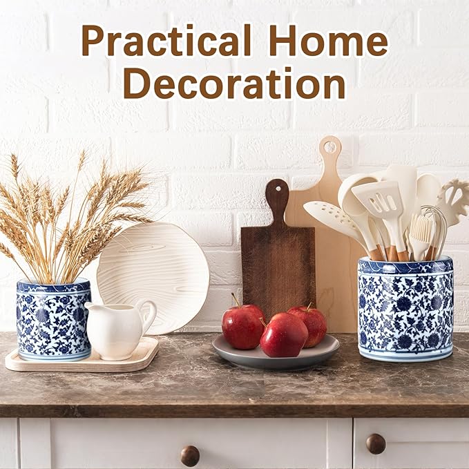 2 Pcs Blue and White Kitchen Utensil Holder 5"+6.1" Ceramic Kitchen Cooking Holder for Countertop Large Utensil Crock for Home Decor Parties Chinoiserie Blue