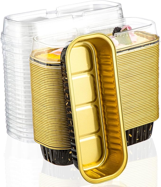 EUSOAR Creme Brulee Ramekins, 50pcs 6.8oz 6.5"x2.5"x1.2" Aluminum Foil Mini Loaf Bread Cake Pan Tin with Lids，Rectangle Disposable Cupcake Baking Cups Containers Wrappers, Dessert Cheesecake Pan Cups