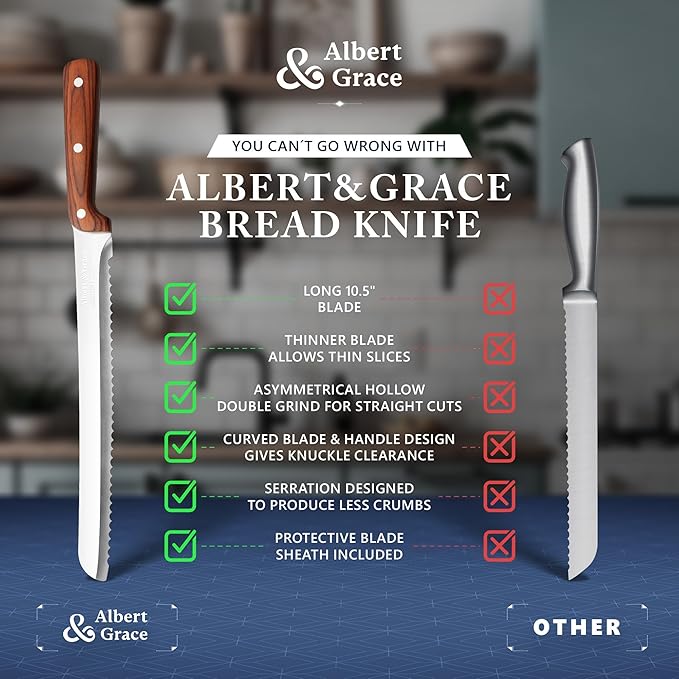 Albert&Grace 10.5-Inch Serrated Bread Knife with Full-Length Sheath – Ultra Sharp, Low-Crumb Slicing for Sourdough, Homemade Bread & Bagels
