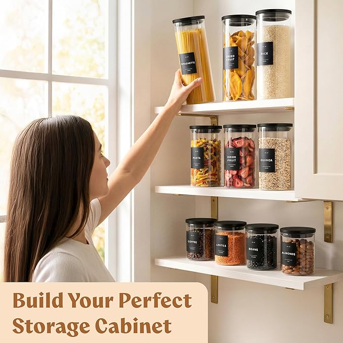 EDELHAUS Glass Storage Containers with Black Lids [4x40oz] Extra Thick Glas with 54 Labels - Canister For Pantry Noodles Flour Cereal Rice Sugar Tea Coffee Beans - Round Set