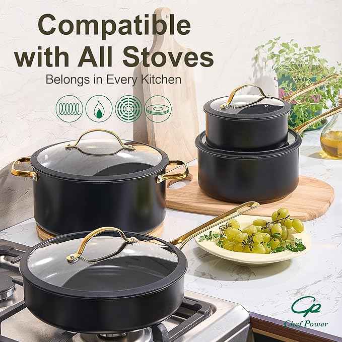 Chef Power Ceramic Cookware Sets, 10Pcs Pots and Pans Set Non Stick, Cookware Set with Stainless Steel Handle, Dishwasher & Oven Safe, Stone Black and Light Gold Handle