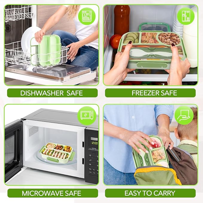 EASYFUN Bento Box Adult, Lunch Box, 4-Compartment Lunch Containers, Drop-Proof, Dishwasher Safe & Made with BPA-Free Materials (Green)