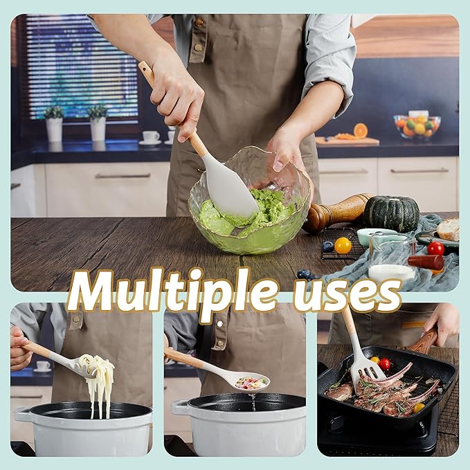 QMVESS Silicone Kitchen Utensils Set, 35 Pcs Non-Stick Cooking Utensils Set, Sturdy Insulation Wooden Handle Kitchen Accessories for Cooking with Spatula Set and Spoons Set Gadgets (Khaki)