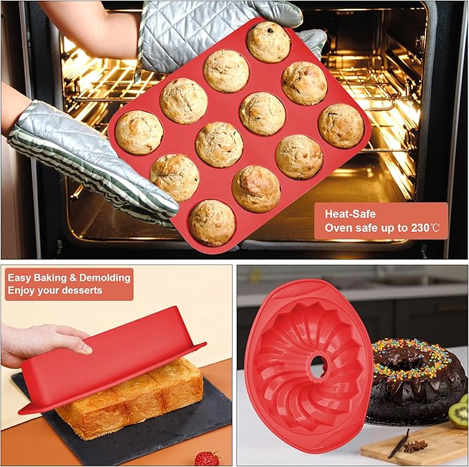 9-in-1 Nonstick Silicone Baking Pan Set, Fluted Cake Muffin Loaf Bread Pizza Cupcake Mold Tray, Heat Resistant Bakeware Utensils Kit