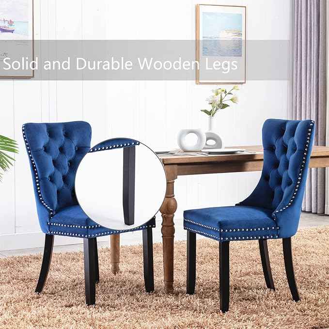 Upholstered Dining Chairs Set of 2, Velvet Dining Room Chairs with Back Ring Pull Trim and Solid Wood Legs, Tufted Wingback Kitchen Chair Perfect for Dining Room,Living Room,Kitchen(Blue)