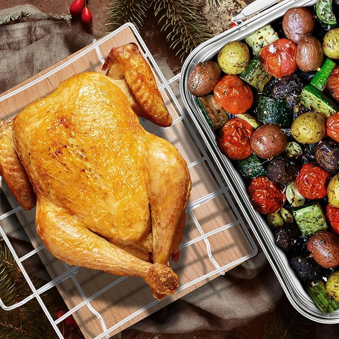 QPMR 16.5inch Roasting Pan with V-Shape Rack - Stainless Steel Large Turkey Roaster Pan for Turkey, Chicken, Ham Roaster with V-Shaped Baking Rack Heavy Duty Dishwasher Safe, Hold up to 22LB