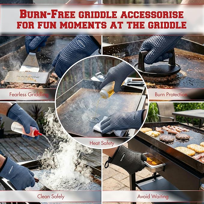 KITCHEN PERFECTION Silicone Oven & Griddle Gloves -Extreme Heat Resistant BBQ & Grilling Gloves -Handle Hot Food Right on Your Griddle |Waterproof Oven Mitts Grill Gloves |Superior Set+3 Bonuses