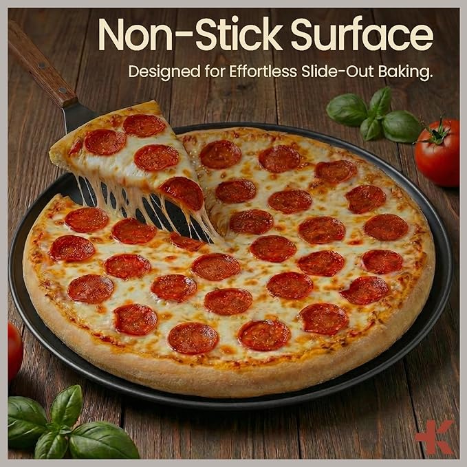 Bakken 16 Inch Non-Stick Pizza Pan 2 Pack, Round Carbon Steel Pizza Tray with Perforated Holes, PFOA, PFOS, & PTFE-Free, Dishwasher & Oven Safe Up To 450°F, Durable Nonstick Coating, Black