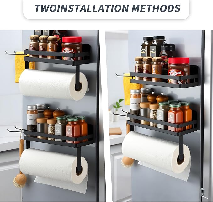 Paper Towel Holder Fridge Magnetic with Shelf - 2 Pack Paper Towel Holder Without Drilling + Magnet Spice Racks with 2 Kitchen Hanging Hooks Heavy Duty Space Saving, Black