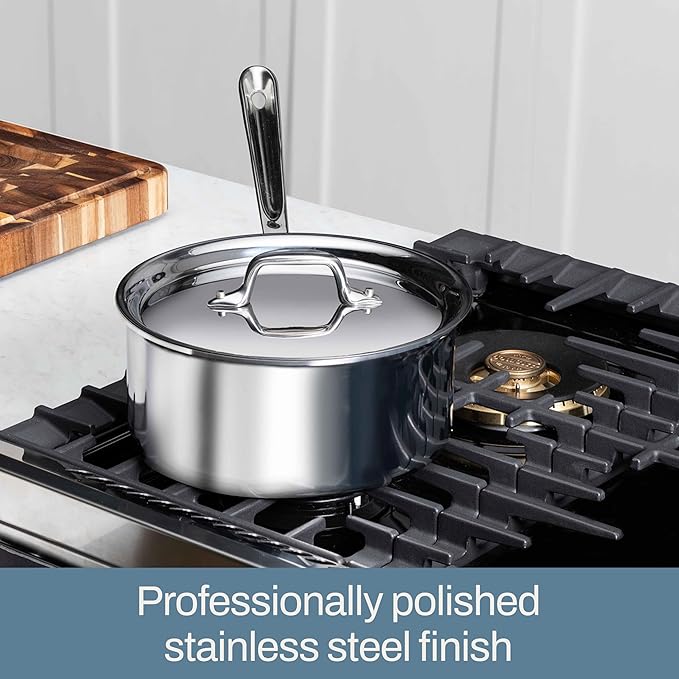 All-Clad D3 3-Ply Stainless Steel Sauce Pan 1 Quart Induction Oven Broiler Safe 600F Pots and Pans, Cookware Silver