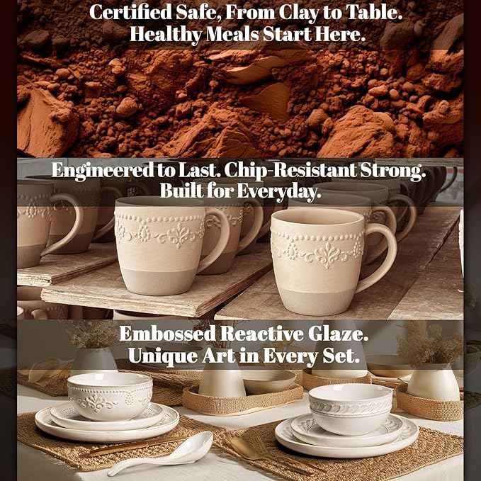 Artena Plates And Bowls Sets, 16 Pieces Dinnerware Sets, Dish Set For 4, Ceramic Kitchen Bowl And Plate Set, Embossed White Dishware Sets, Dishwasher & Microwave Safe (Damask Floral)