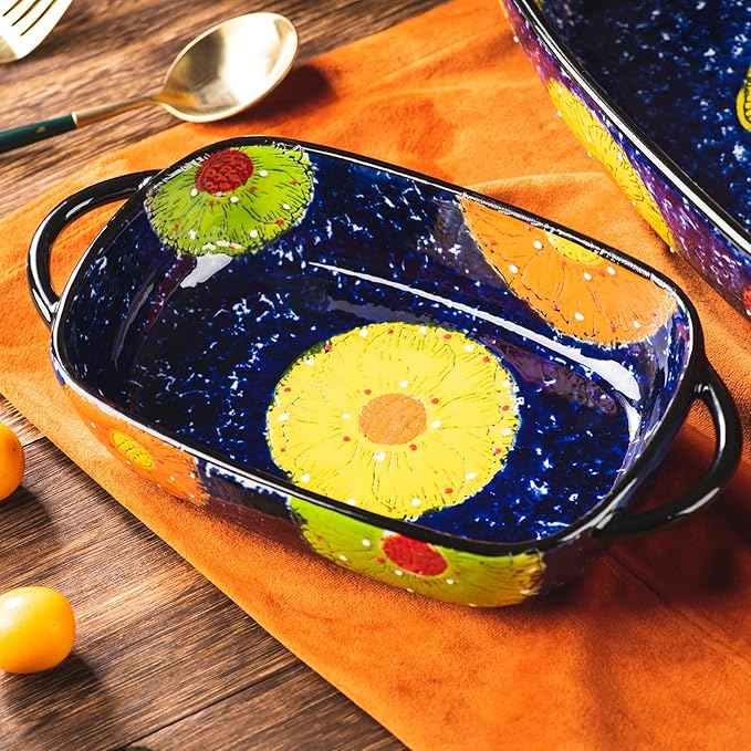 Retro pastoral style Ceramic Baking Dish Rectangular Bakeware Set Baking Pan, 2-piece Hand-painted Porcelain Baking pan with handle, Casserole Dish for Oven/Cooking/Kitchen (Van Impression)