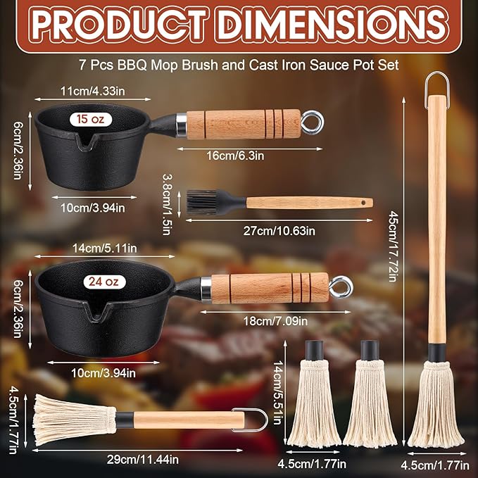 7 Pcs BBQ Mop Brush and Cast Iron Sauce Pot Set Include 15&24oz Cast Iron Basting Pot 2 Size Wooden Handle Sauce Mops with 2pcs Replacements and Oil Brush for Meat Smoker Melting Camping