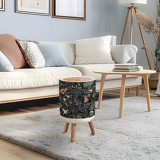 Trash Can with Lid Whimsical Woodland Animals Foxes Rabbits Forest Press Top Round Small Garbage Bin with Wooden Legs Waste Basket for Kitchen Bedroom Nursery 7L/1.8 Gallon