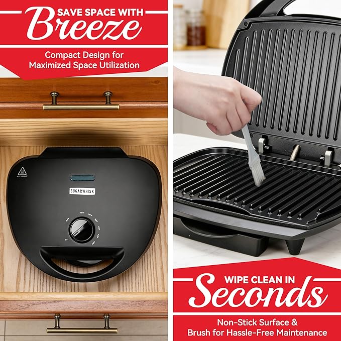 SugarWhisk Family-sized Contact Grill, 6-Serving Electric Indoor Grill with Adjustable Temp Control, Ceramic Coating, 1500W, Graphite