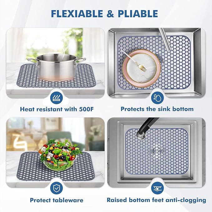 Bestjing Silicone Sink Protector for Kitchen Sink - 16.65''x12.2'' Kitchen Grid Accessory, Non-slip Heat Resistant Grid Dry Mat for Bottom of Porcelain Stainless Steel, Dishwasher Safe