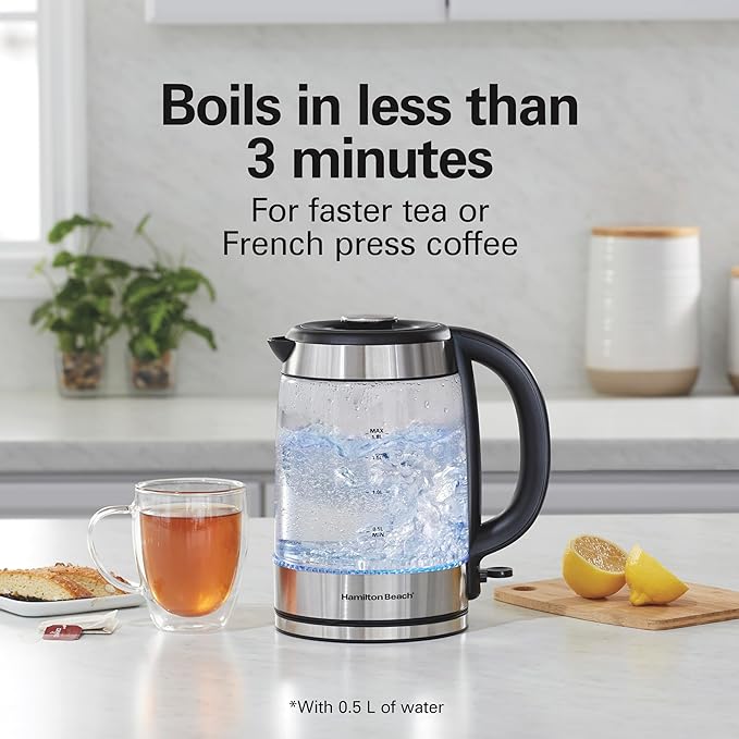 Hamilton Beach Electric Tea Kettle, Water Boiler & Heater, 1.8 Liter, Cordless Serving, 1500 Watts for Fast Boiling, Auto-Shutoff and Boil-Dry Protection, Easy-View Glass (40853C)
