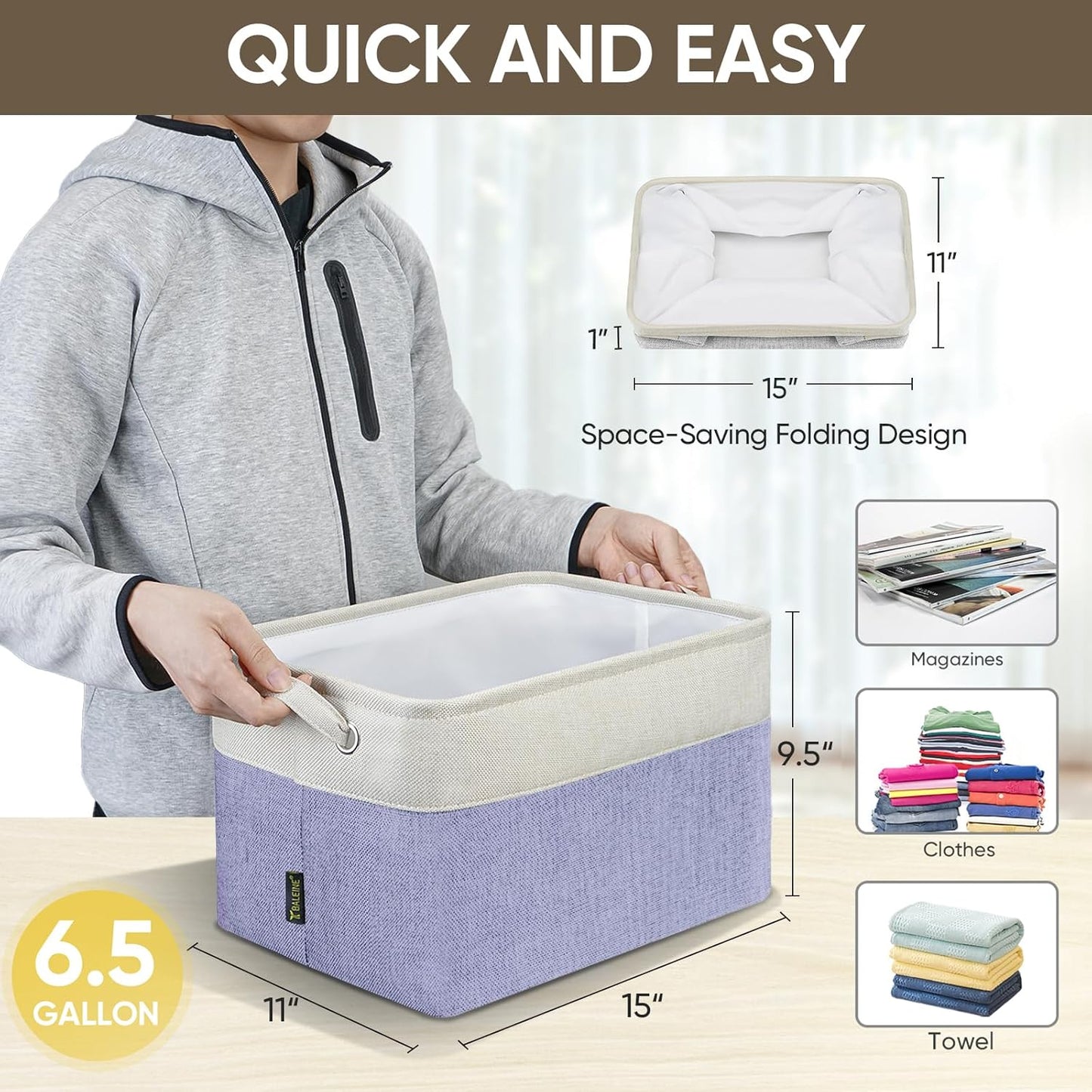BALEINE 4 Pack Fabric Storage Bins for Shelves, Linen Storage Baskets for Organizing, Decorative Closet Bins for Clothes, Home (Lavender, 15''x11''x9.5'')