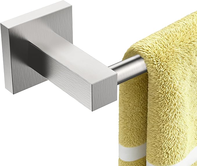 Ruacq Hand Towel Holder 10inch, Stainless Steel Towel Ring, Square Base Towel Bar for Bathroom, Brushed Nickel Single Towel Bars, Towel Holder Wall Mounted, Total Length 12inch